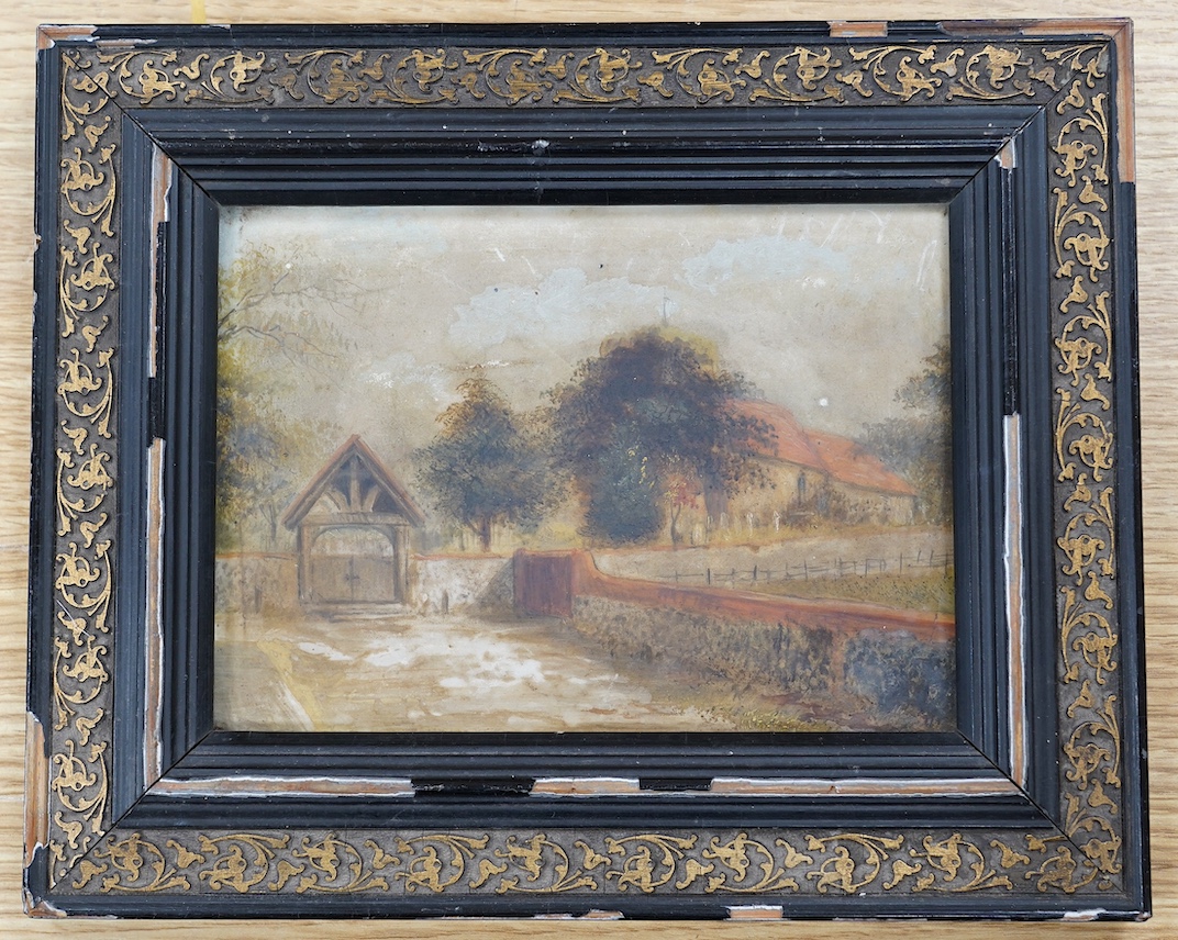 From the Studio of Fred Cuming. Late 19th/early 20th century naïve School, oil on board, Churchyard, unsigned, 12.5 x 17cm. Condition - poor to fair, discolouration all over